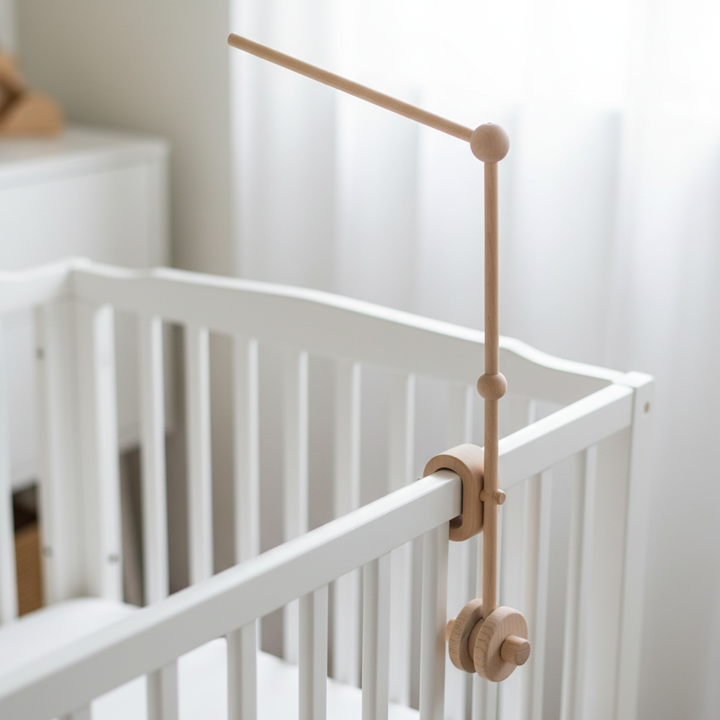 Natural wood crib arm bracket on white crib