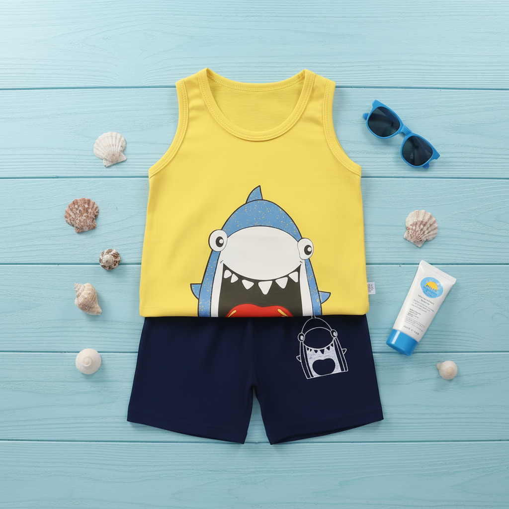 Professional flat lay of baby shark clothing set with beach props