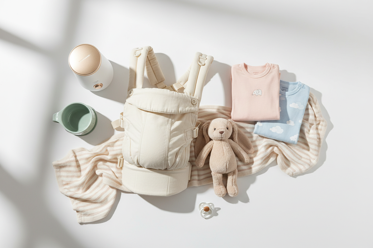 "Best selling baby products including carriers, clothing, feeding essentials, and toys