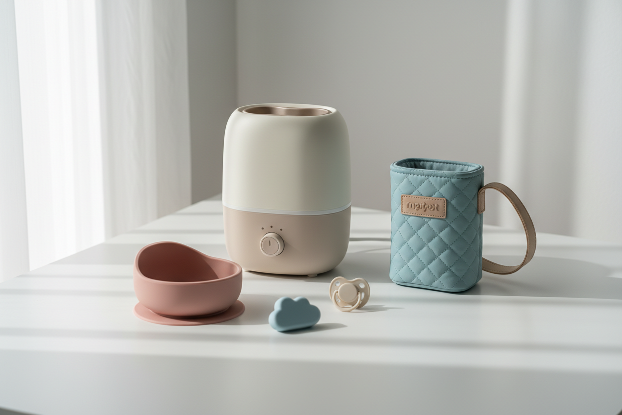 Baby feeding essentials including bottle warmers, bowls, toothbrushes, and pacifiers