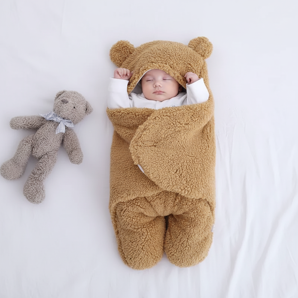 Baby sleeping bag in caramel tan sherpa fleece with bear ears hood on white bedding