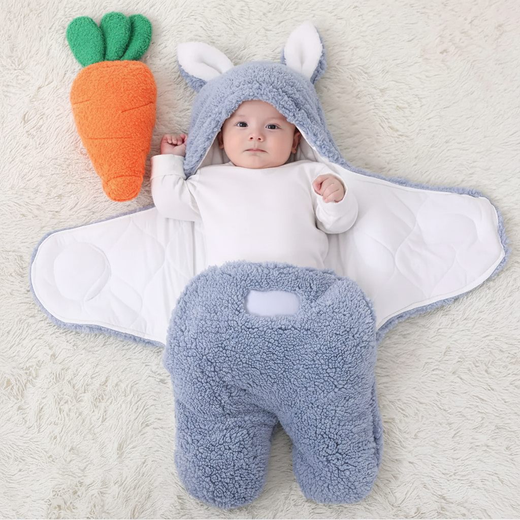 Baby sleeping bag in light blue sherpa fleece with bunny ears hood and white inner lining