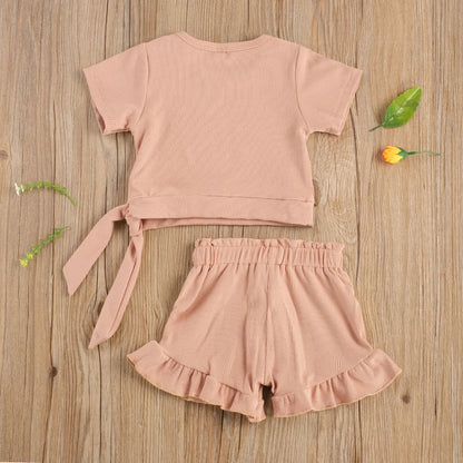 Baby girl pink ribbed cotton summer outfit set back viewBaby Girl Summer Outfit Set - Ribbed Cotton Top & Shorts
