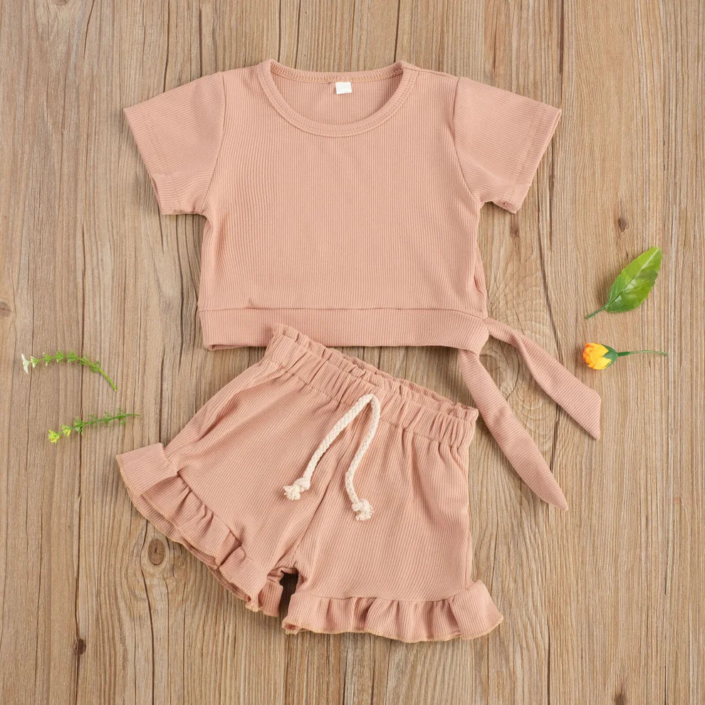 Baby girl pink ribbed cotton summer outfit set front viewBaby Girl Summer Outfit Set - Ribbed Cotton Top & Shorts