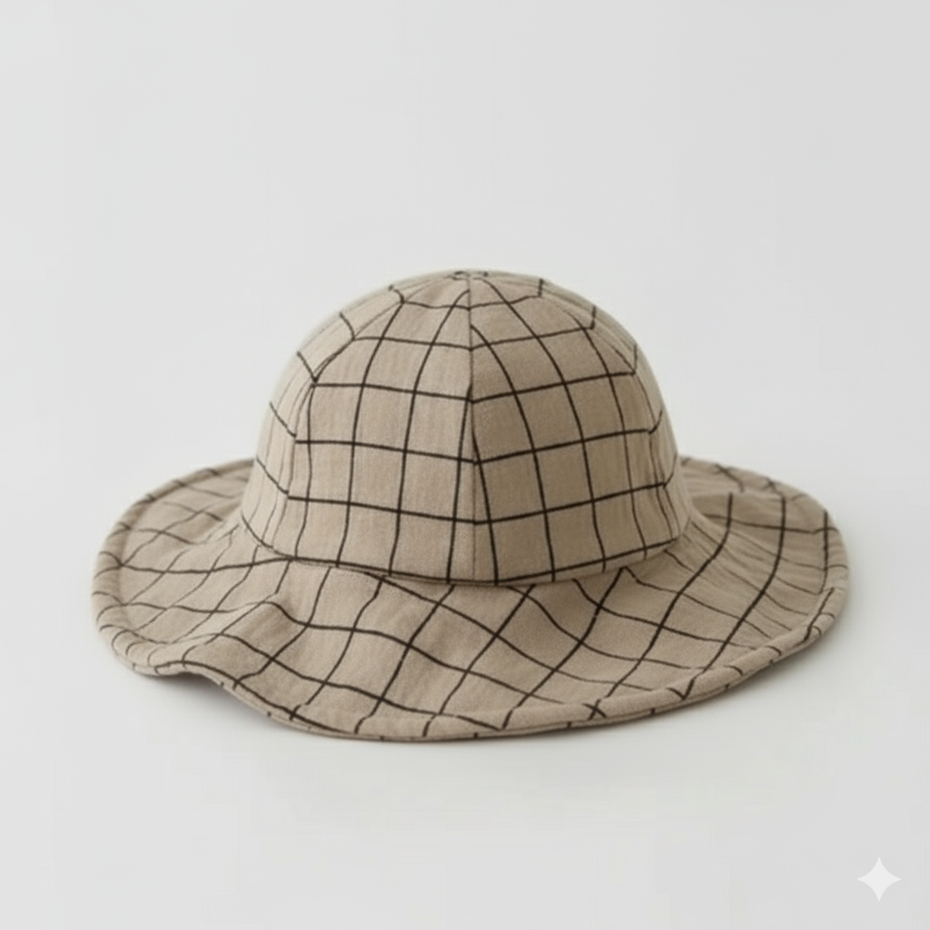 Baby sun hat beige grid pattern with bow - 0-24 months Baby Sun Hat - Wide Brim Beach Hat 0-24M BabyGears