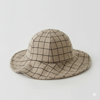 Baby sun hat beige grid pattern with bow - 0-24 months Baby Sun Hat - Wide Brim Beach Hat 0-24M BabyGears