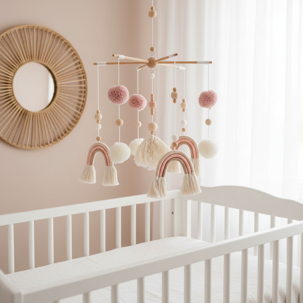 Bohemian nursery with pink macramé rainbow mobile
