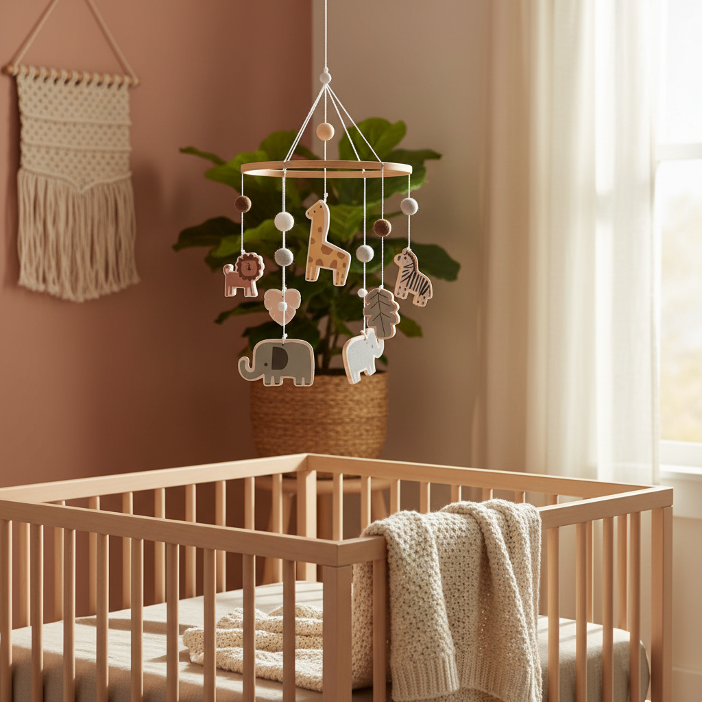 Bohemian nursery with safari animal mobile