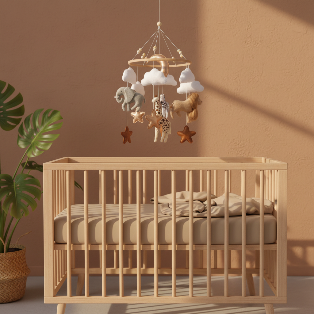 Boho nursery with safari animal mobile
