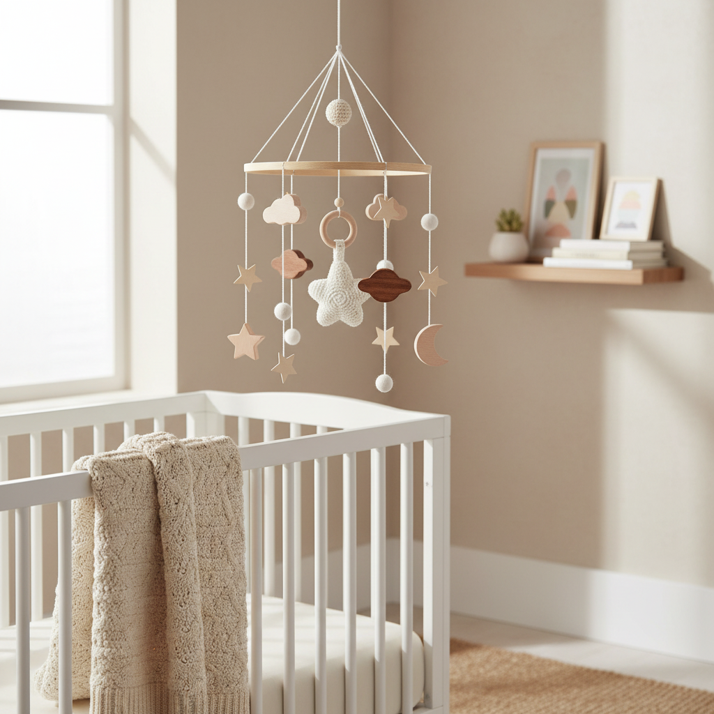 Bright Scandinavian nursery with star mobile