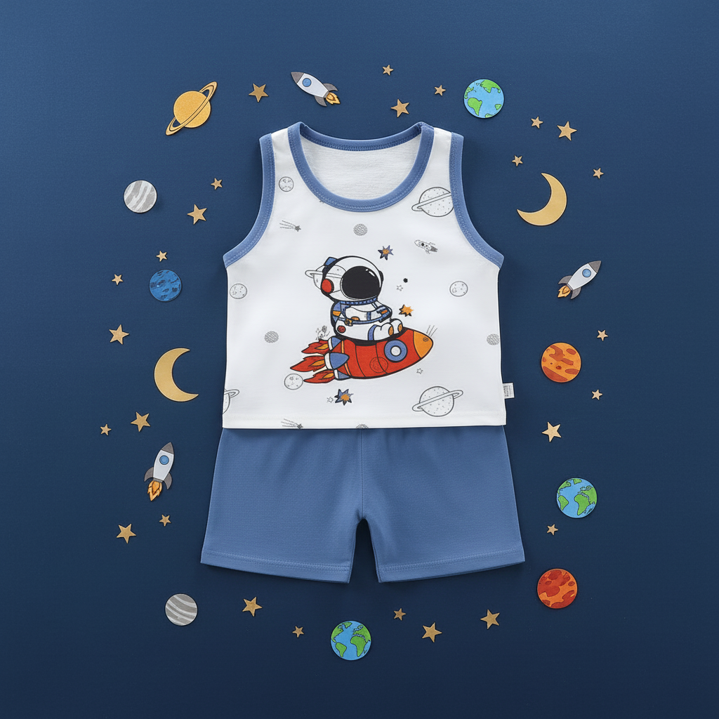 Creative flat lay of baby astronaut clothing set with space theme