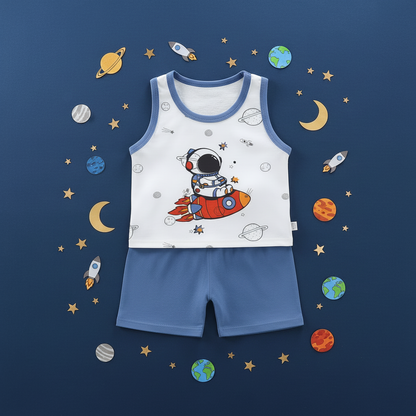 Creative flat lay of baby astronaut clothing set with space theme