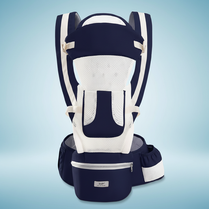 Dark blue breathable baby carrier with pastel blue background