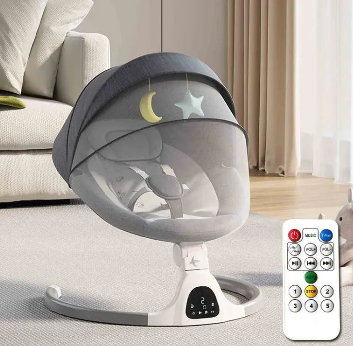 Electric Baby - Rocker & Cradle featuring soft fabric, customizable rocking speeds, and hanging toys.