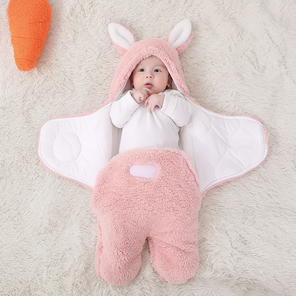 Baby sleeping bag in pink sherpa fleece with bunny ears hood and white inner lining