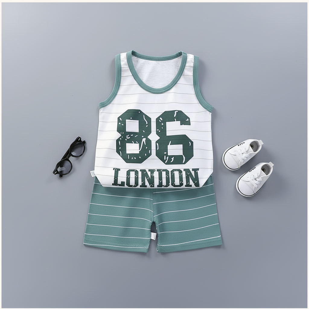 Flat lay product photo of baby London clothing set with accessories