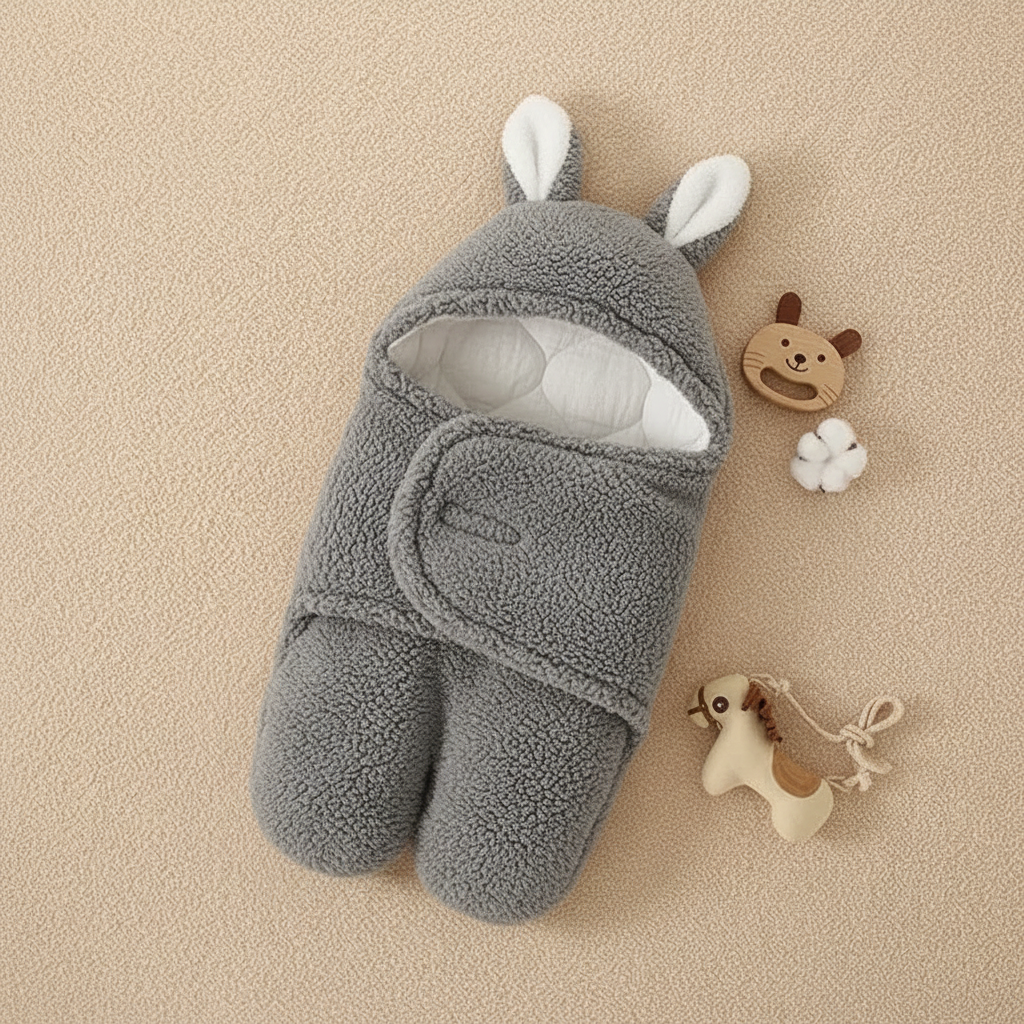 Baby sleeping bag in Gray sherpa fleece with bear ears hood on white bedding