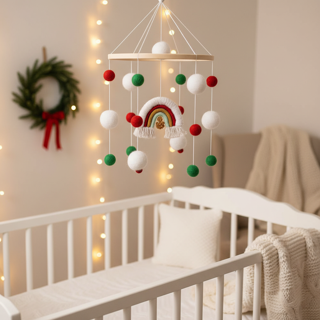 Holiday-themed nursery with festive rainbow mobile