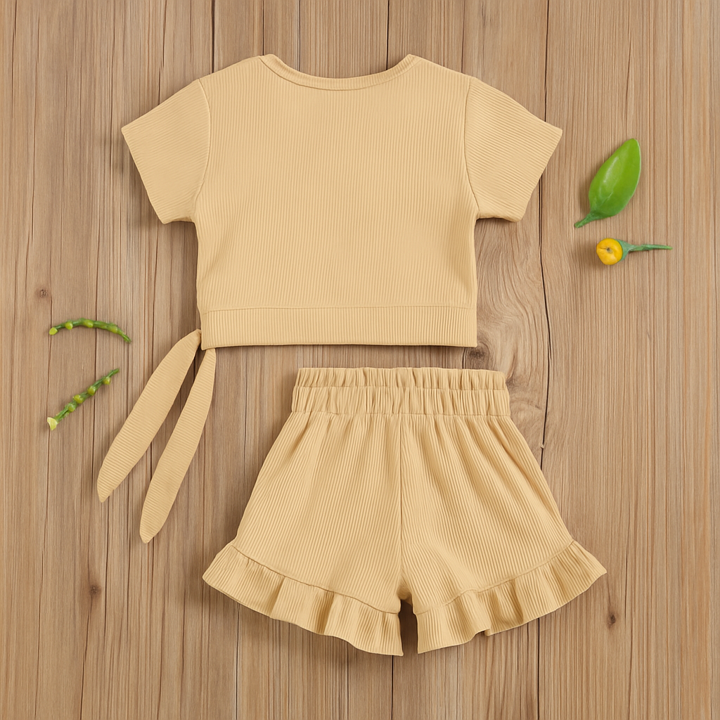 Baby girl khaki ribbed cotton summer outfit set back viewBaby Girl Summer Outfit Set - Ribbed Cotton Top & Shorts