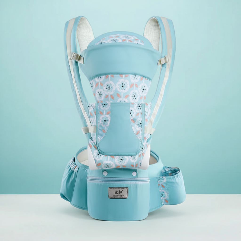 Light blue floral baby carrier professional product shot