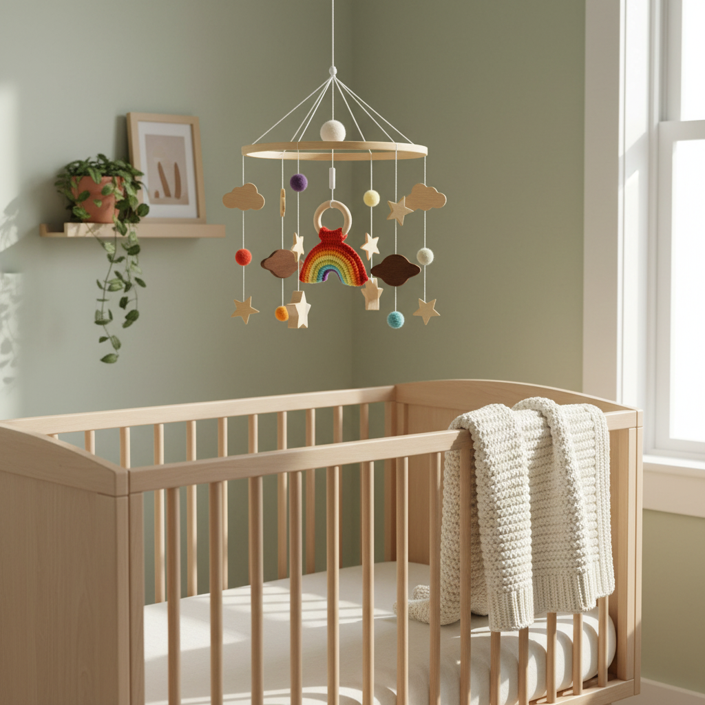 Minimalist Scandinavian nursery with wooden star mobile