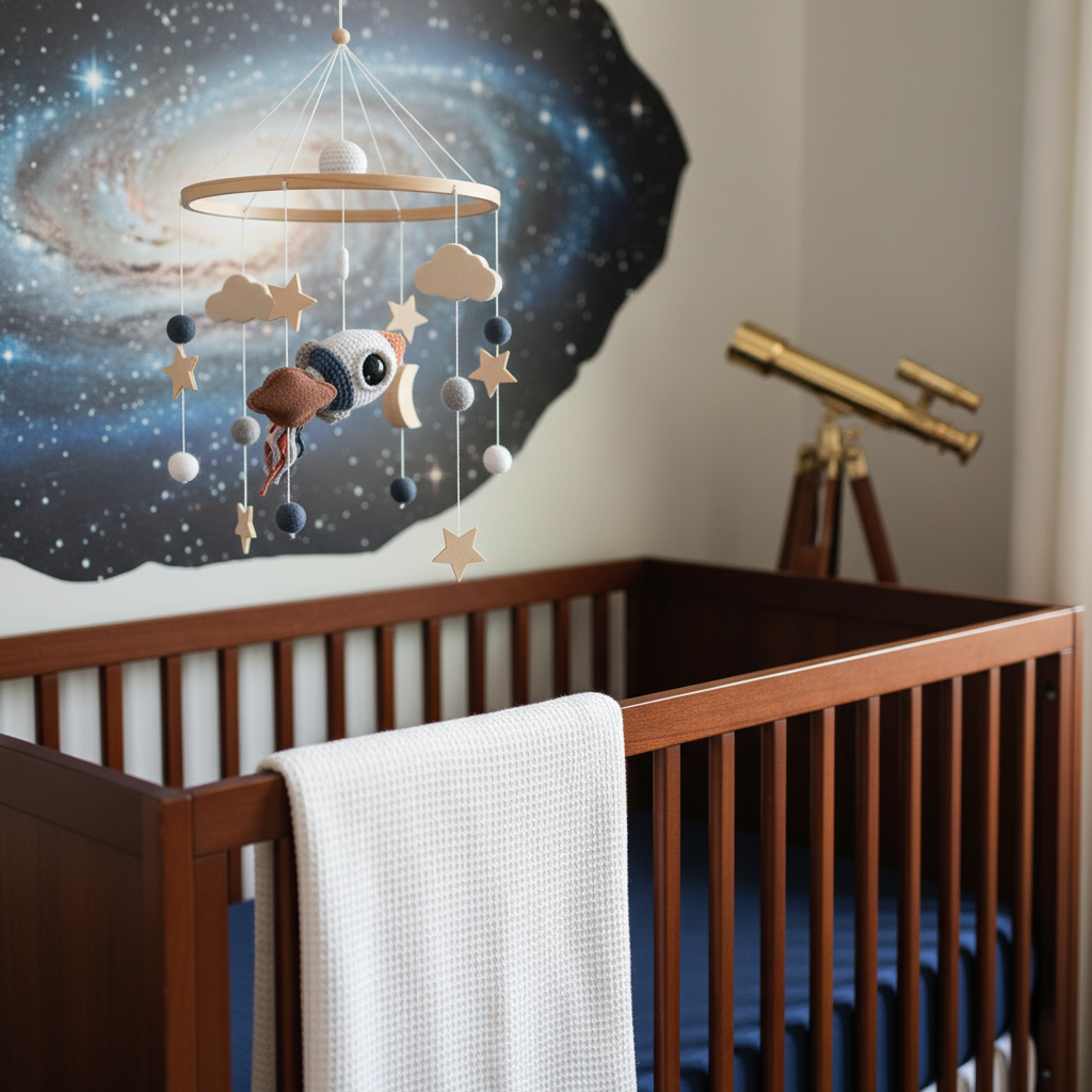 Modern nursery with space rocket mobile