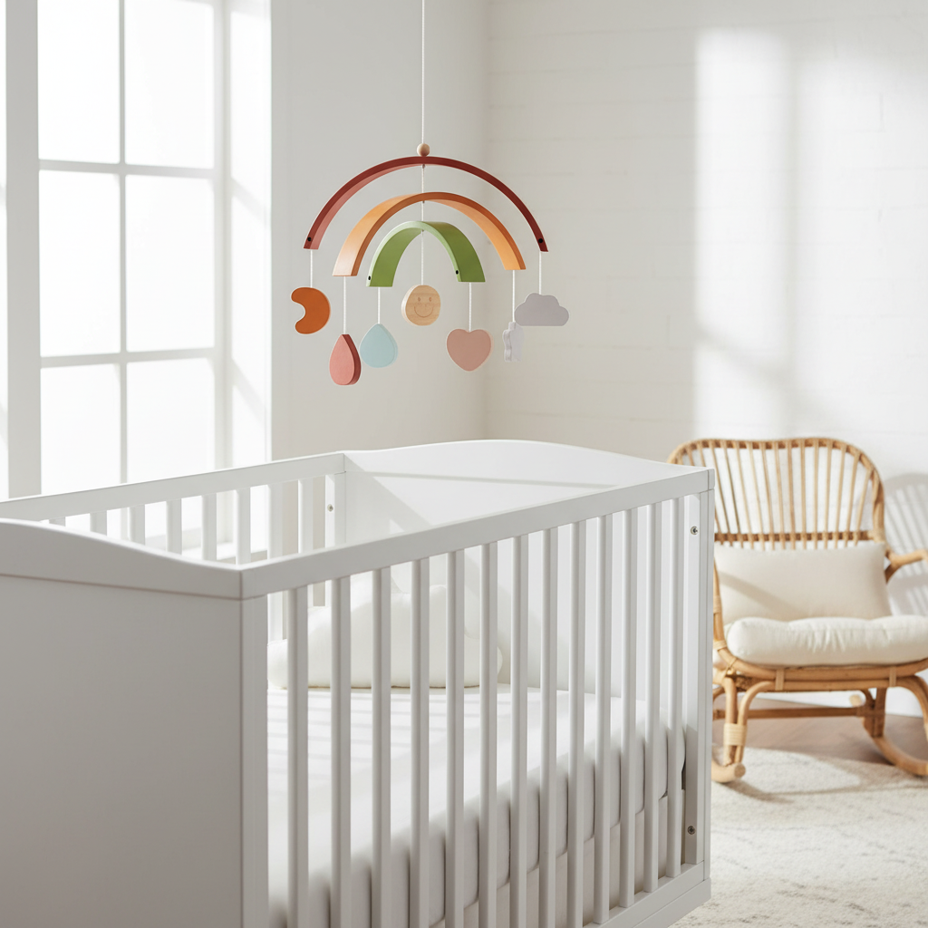 Modern nursery with wooden arch rainbow mobile