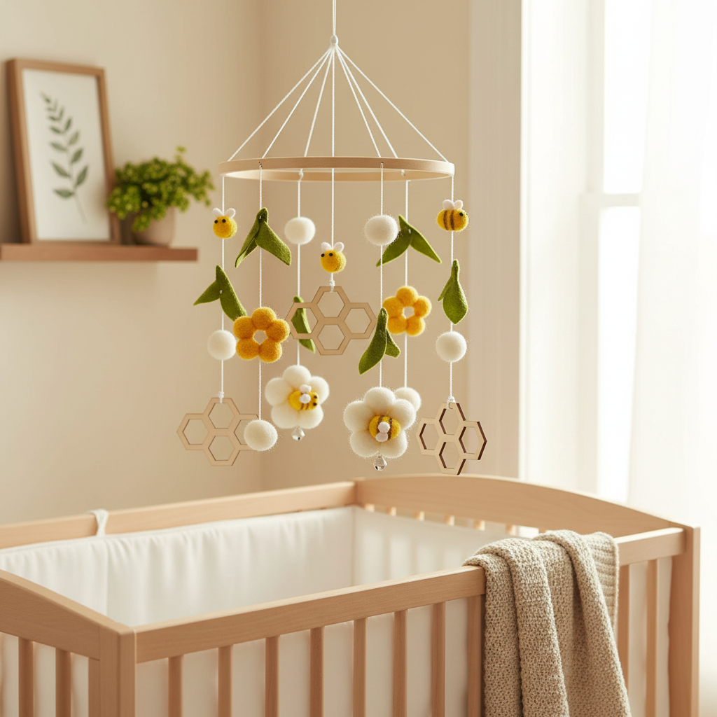 Nature-inspired nursery with bee and flower mobile