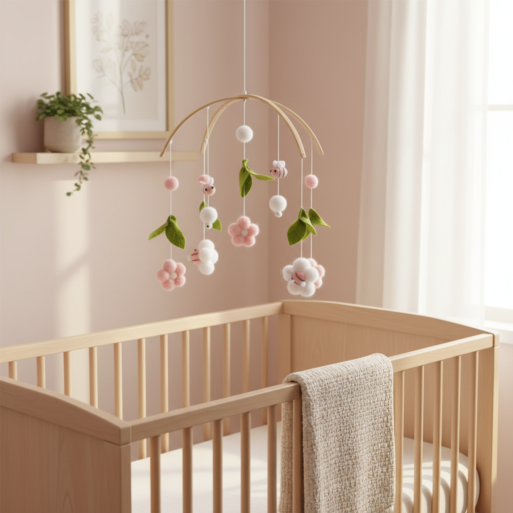 Nature-inspired nursery with pink bee and flower mobile