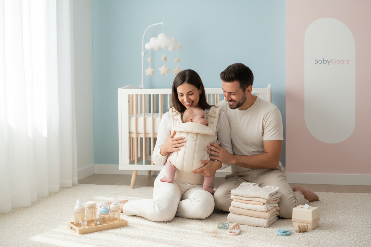 Parents with baby and multiple BabyGears products
