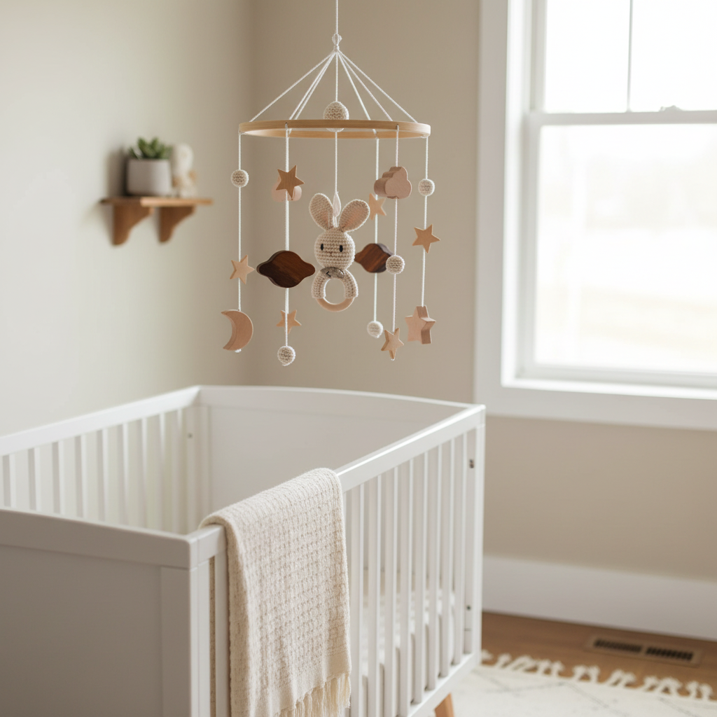 Peaceful nursery lifestyle shot with baby mobile