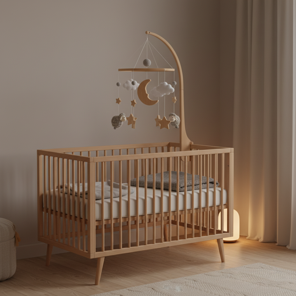 Peaceful nursery with grey sheep mobile