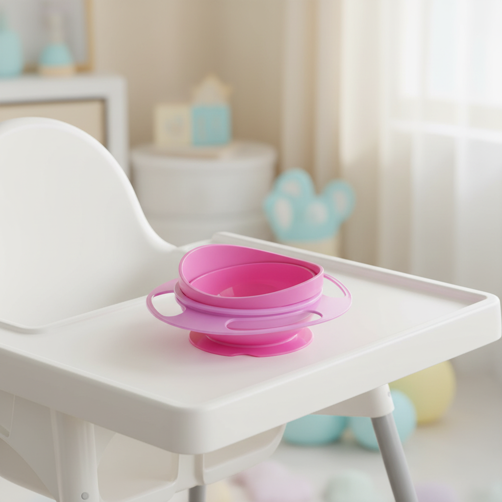 Pink baby suction bowl on highchair tray - lifestyle shot