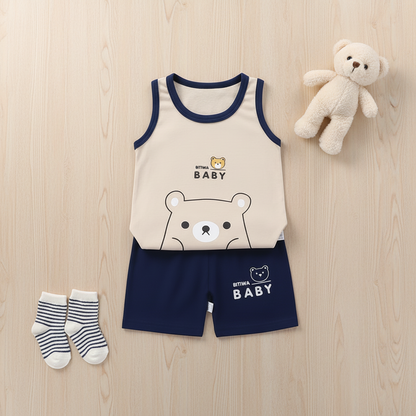 Professional flat lay of baby bear clothing set with teddy bear and socks