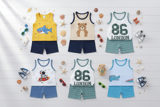 Professional knolling flat lay collection of baby summer clothing sets