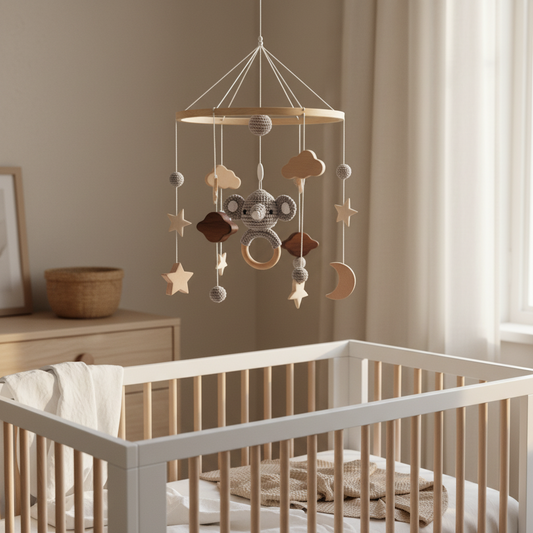 Wooden Baby Mobile for Crib - Handcrafted Nursery Decor with Felt Animals & Stars