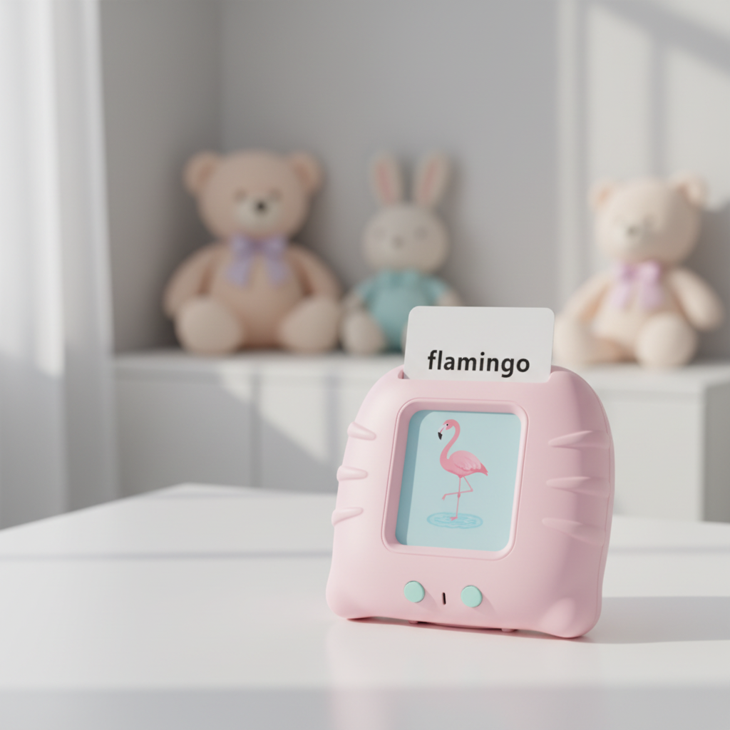 Professional product photo of pink cat toy with flamingo learning card