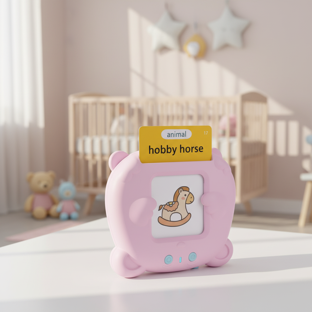Professional product photo of pink educational toy with hobby horse card