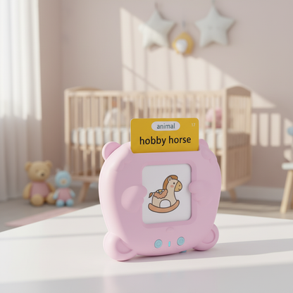 Professional product photo of pink educational toy with hobby horse card