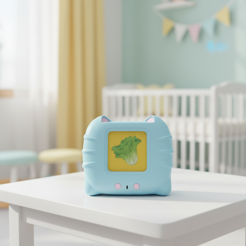 Professional product photo of sky-blue cat-shaped educational audio toy