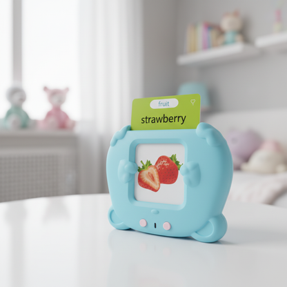 Professional product photo of sky-blue toy with labeled strawberry learning card