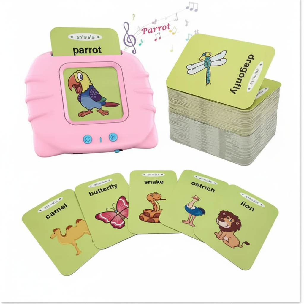 Professional studio photo of pink educational toy with animal flashcards