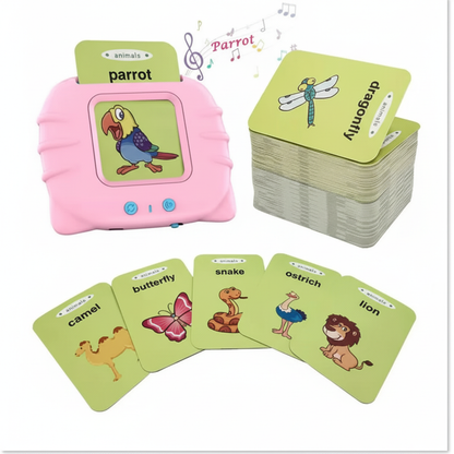 Professional studio photo of pink educational toy with animal flashcards