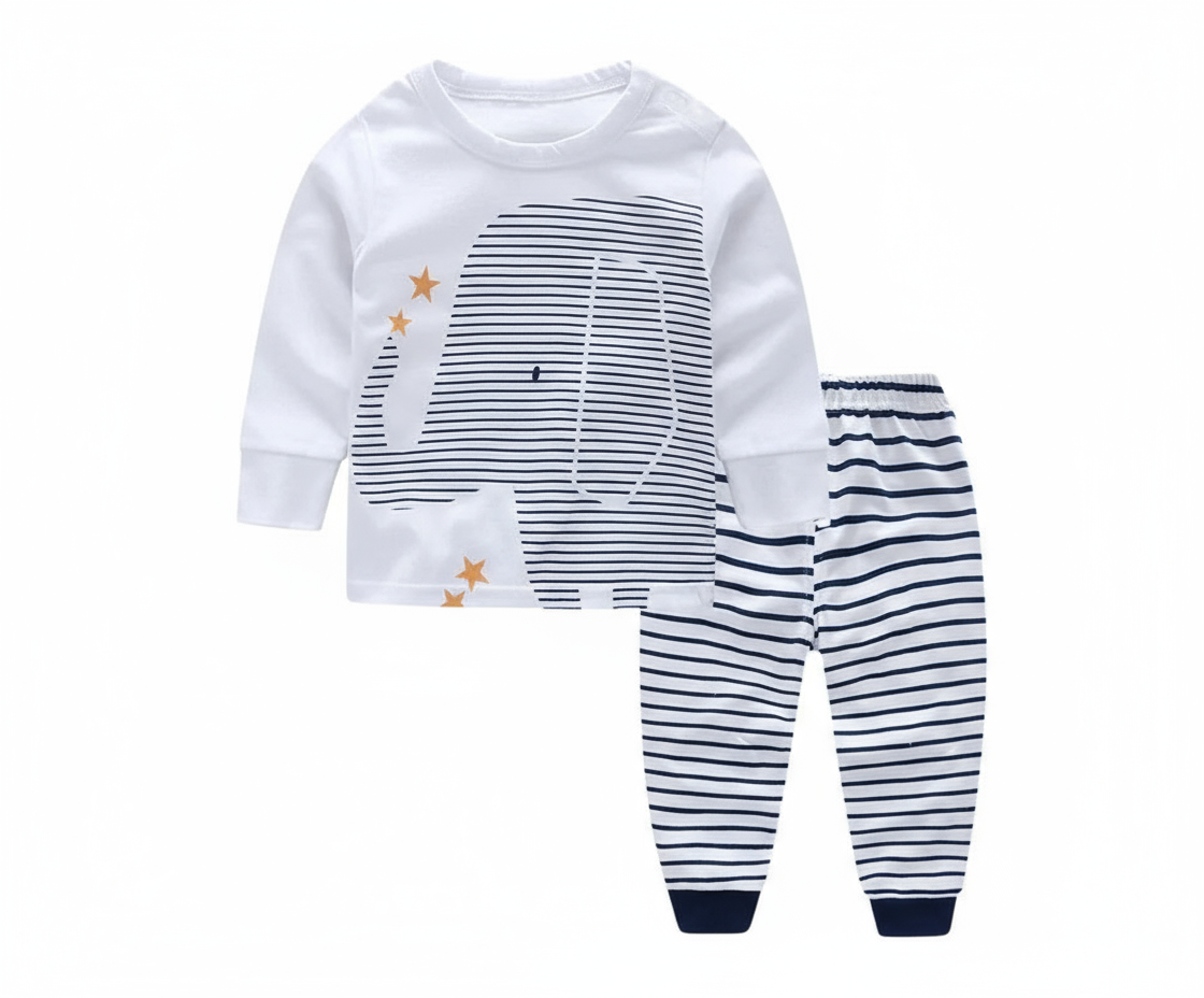 Baby clothing set with elephant print top and navy striped sleeves and pantsBabies Elephant Clothing Set - Adorable Newborn Outfit