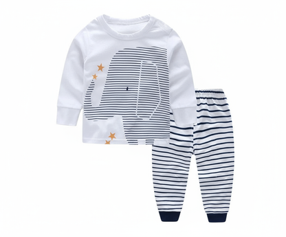 Baby clothing set with elephant print top and navy striped sleeves and pantsBabies Elephant Clothing Set - Adorable Newborn Outfit