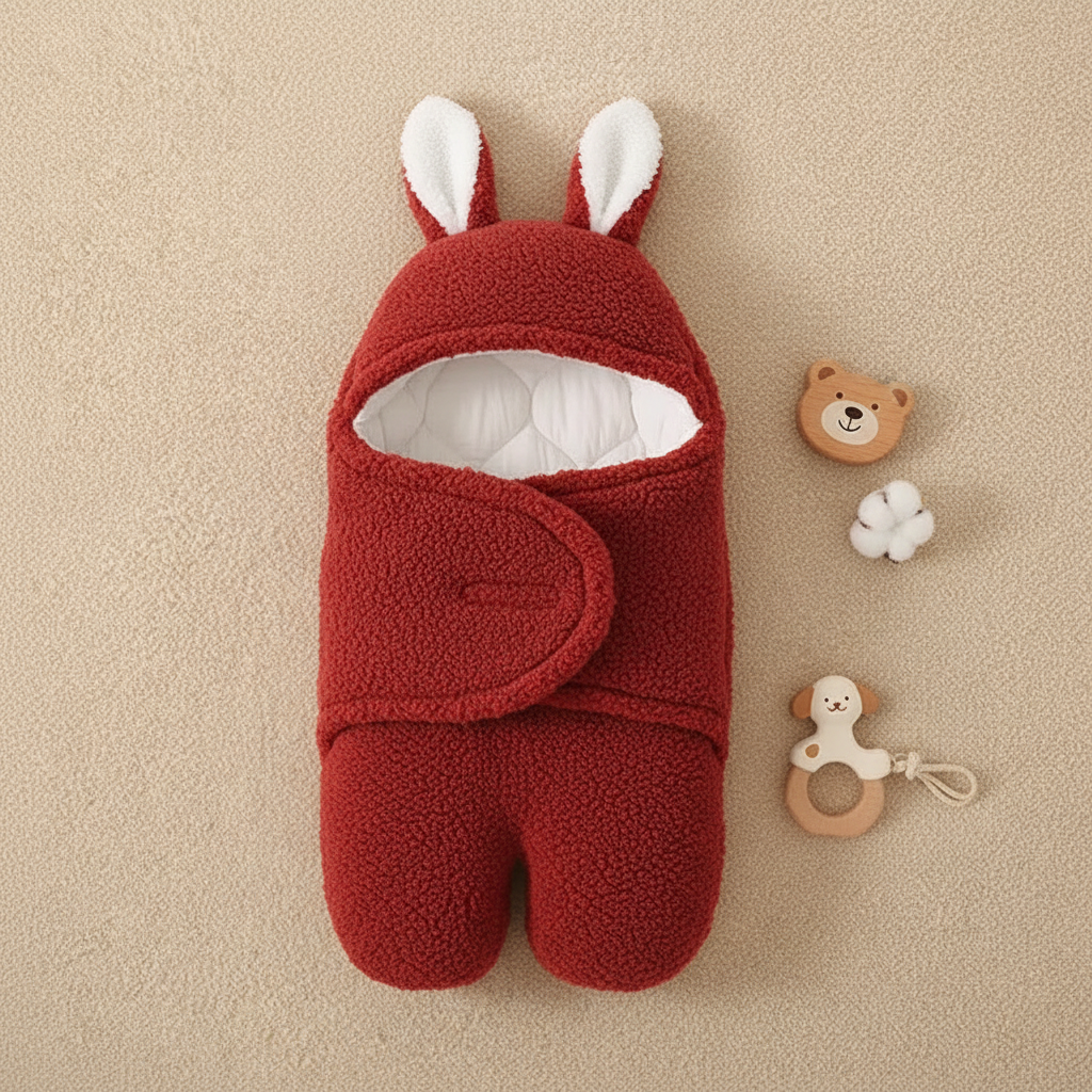 Baby sleeping bag in red knit with bunny ears and wooden toy accessories