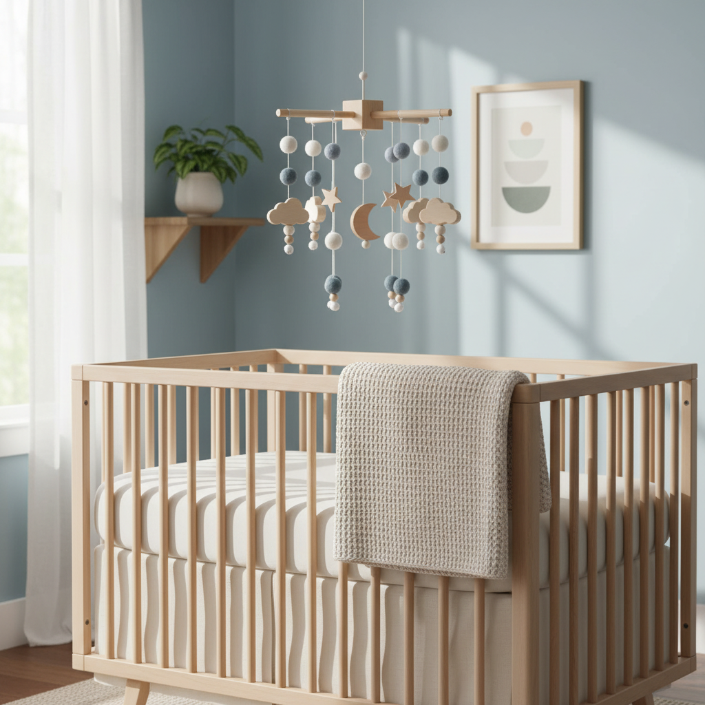 Scandinavian nursery with blue felt ball mobile