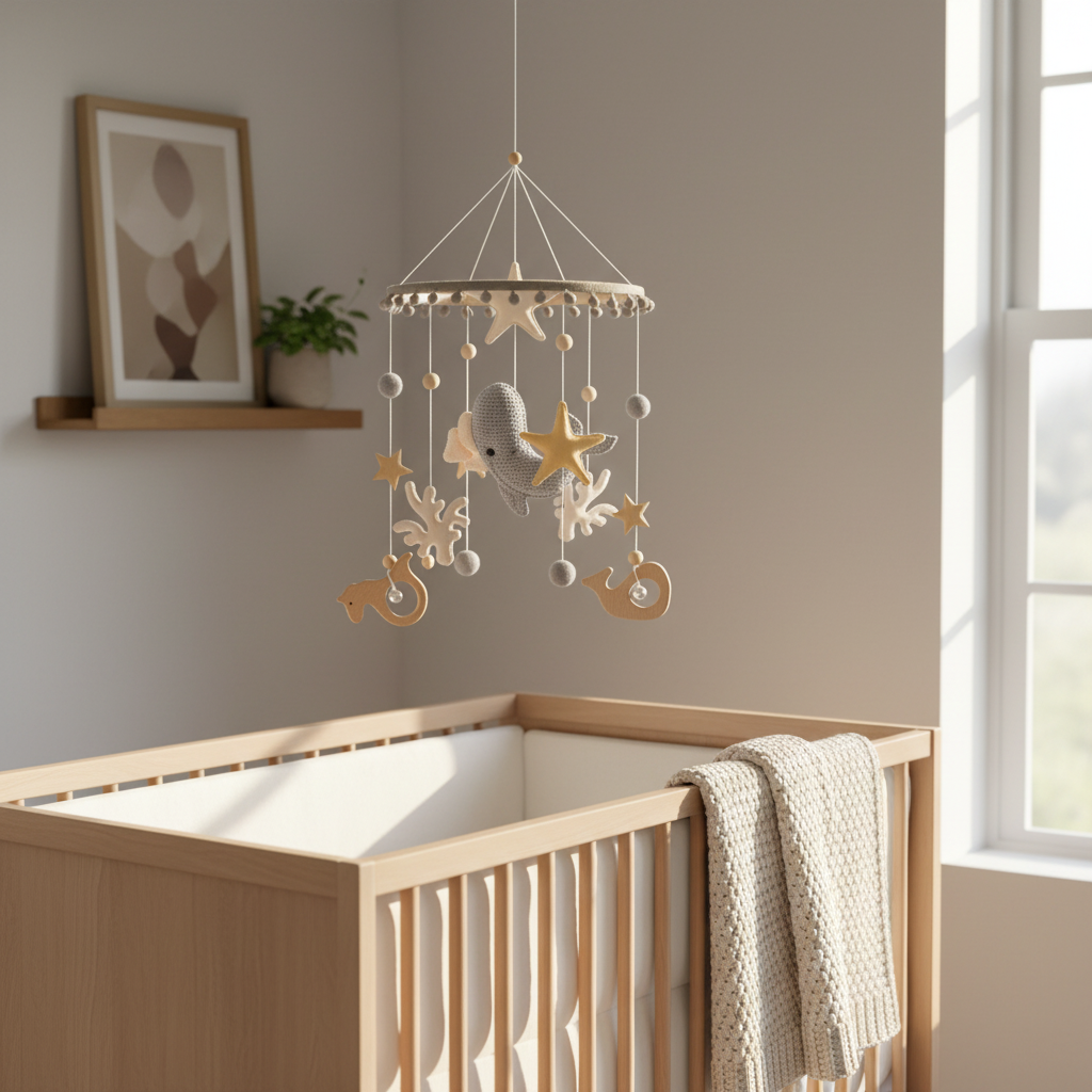 Scandinavian nursery with grey elephant mobile