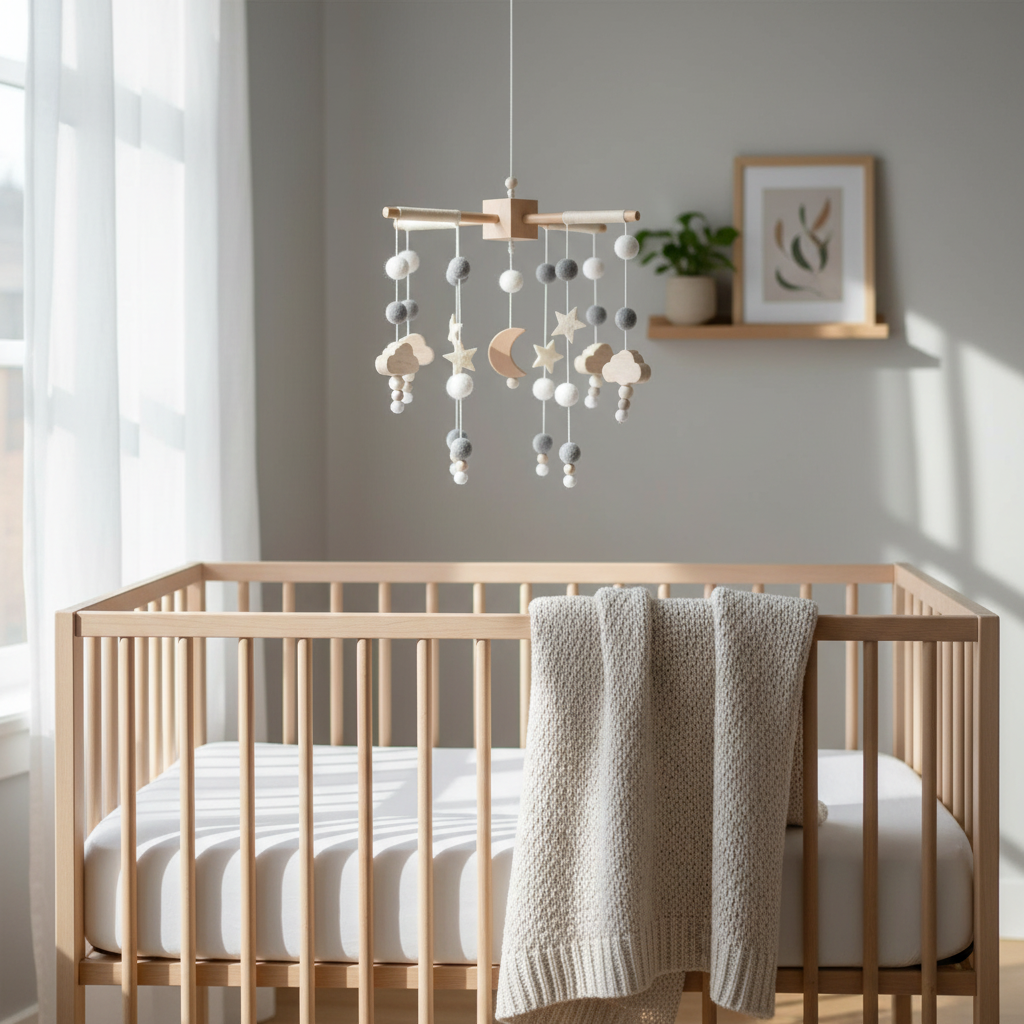 Scandinavian nursery with grey felt ball mobile