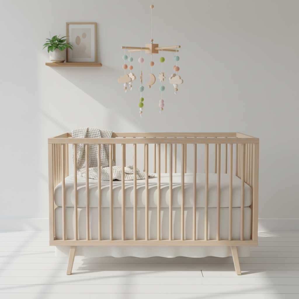 Scandinavian nursery with pastel felt ball mobile